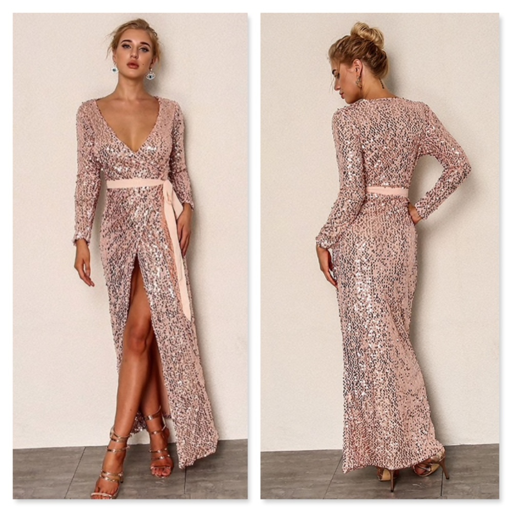 Pink Plunging V-Neck Sequin Wrap Belted Maxi Dress - Picture 2 of 13
